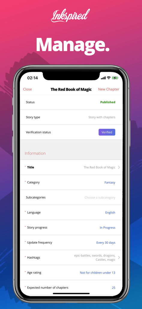 Inkspired - Interfaccia dell'app Inkspired per gli autori per gestire dettagli e metadati della storia