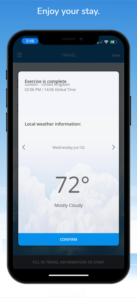 Uplift - Travel Without Jetlag - Uplift app screen confirming jet lag exercise is complete with local London weather information