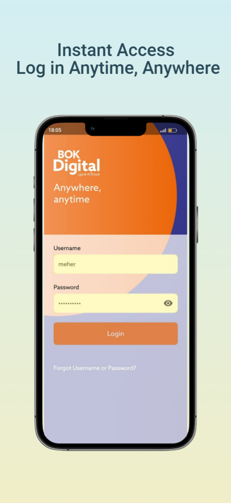 BOK Digital - Interfaz de inicio de sesión para la aplicación de banca móvil BOK Digital con campos de nombre de usuario y contraseña