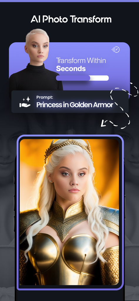 Ai Image Generator - Real AI - Transformação de foto por IA de uma mulher em uma princesa em armadura dourada