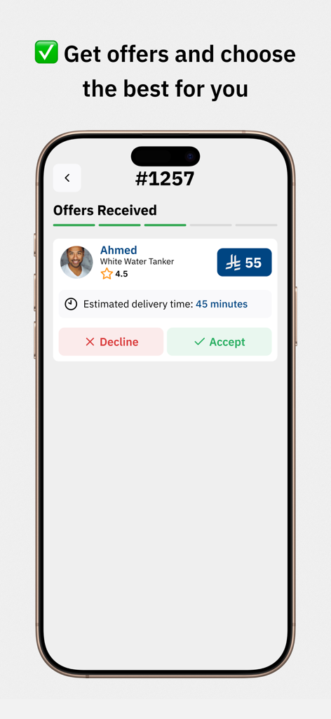 وايتكو - Smartphone screen displaying water tanker delivery offers on the Whitco app.