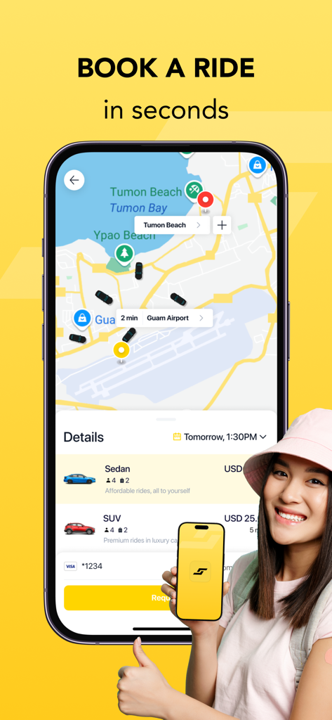 Interface of STROLL Guam app showing ride hailing map and vehicle options with a happy user