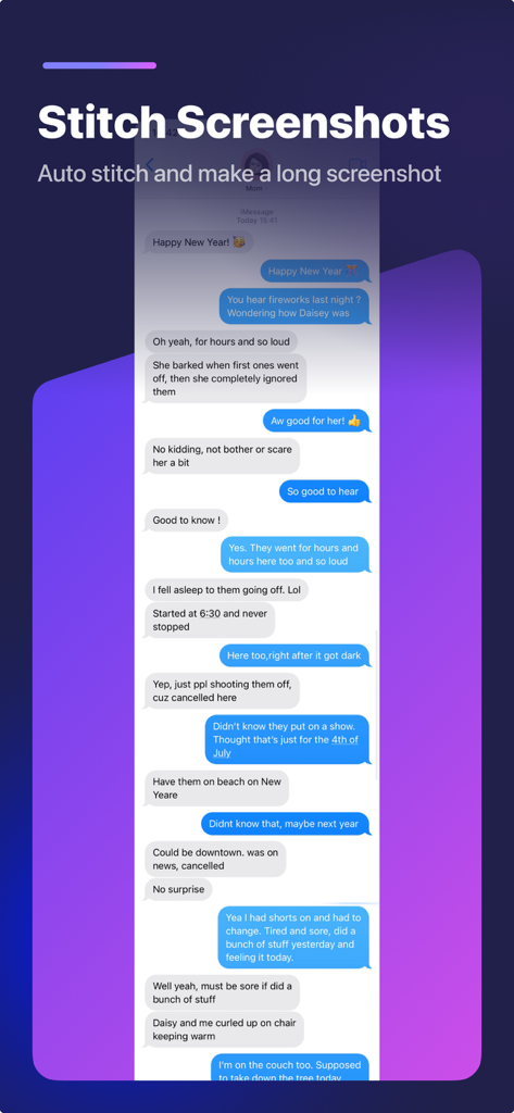 Stitch Photos - A long iMessage conversation stitched into a single vertical image using the Stitch Photos app