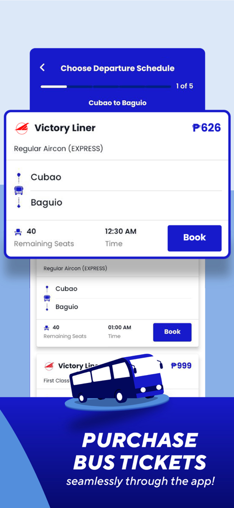 In-app screen of JoyRide showing bus ticket booking options for Victory Liner.