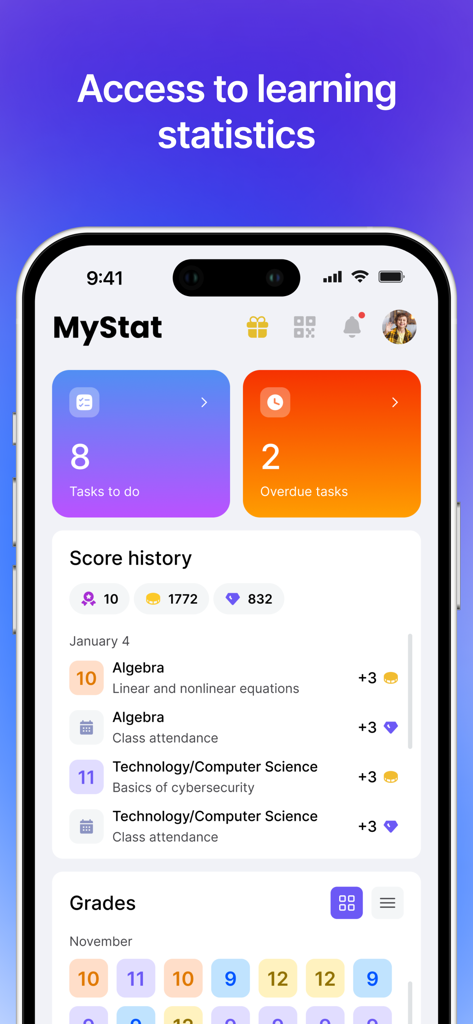 MyStat - MyStat app student dashboard showing learning statistics task tracking and course grades