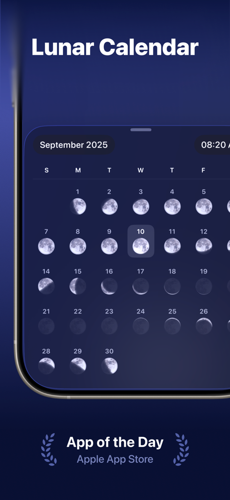 Moonlitt: Moon Phase Tracker - Moonlitt app interface showing a monthly lunar calendar with daily moon phase icons for September 2025.