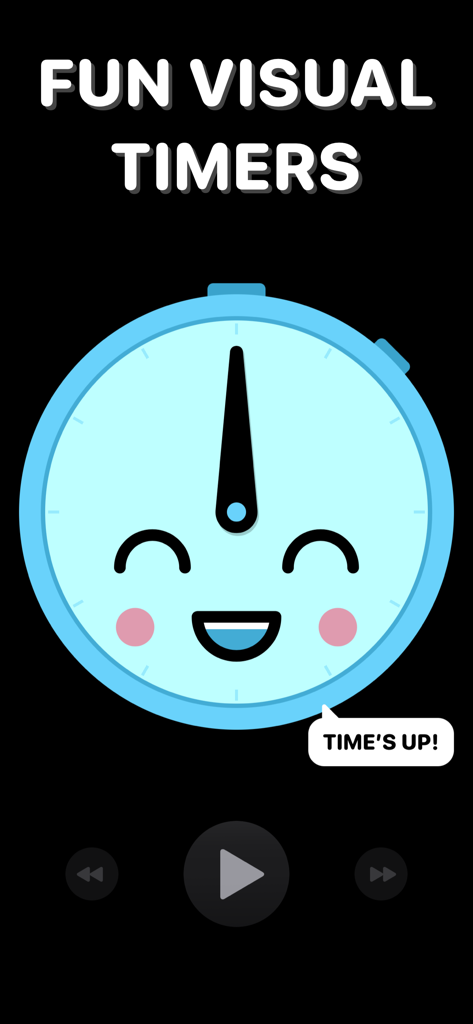 Una simpática cara de reloj azul sonriente sobre un fondo oscuro con el texto Divertidos Temporizadores Visuales