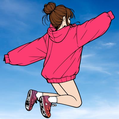 realistic girl jumping with a bun and oversized sweatshirt