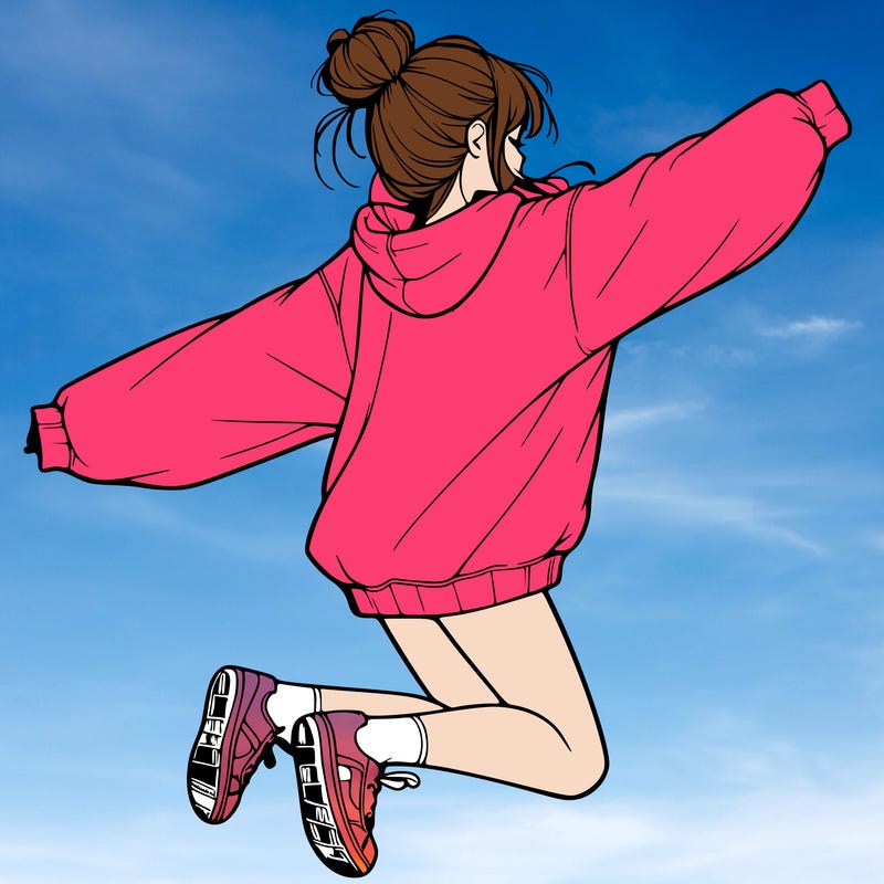 realistic girl jumping with a bun and oversized sweatshirt
