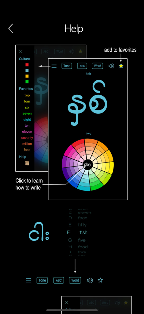 Help screen showing the interface and navigation features of the Learn Burmese Handwriting app