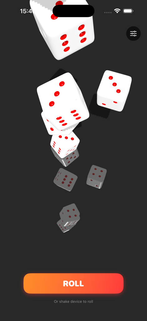 Pocket Dice - 3D Roll - Pantalla de la aplicación móvil que muestra múltiples dados blancos 3D con puntos rojos cayendo hacia un botón de lanzar naranja.