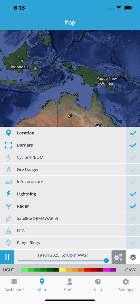 Weatherguard - Weatherguard app map view showing interactive layers for lightning and radar alerts over a geographic region
