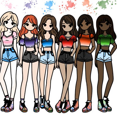 a group of girls wearing crop tops and shorts