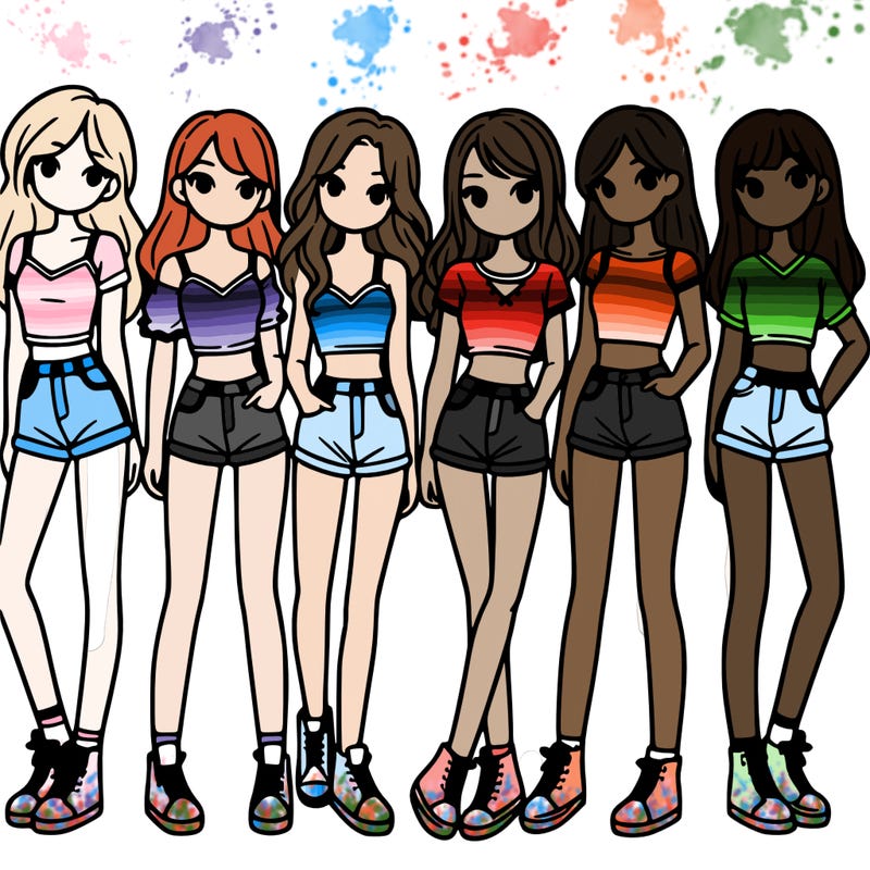 a group of girls wearing crop tops and shorts