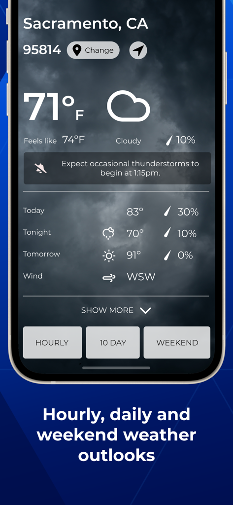 Captura de pantalla de la aplicación KCRA 3 News que muestra las condiciones meteorológicas actuales y los pronósticos diarios para Sacramento