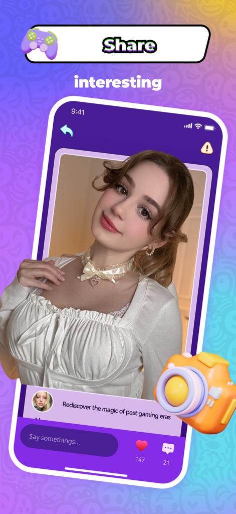 Froliv - Video Call，Have Fun - Mobile app interface showing a young woman's profile with social sharing options and retro gaming text