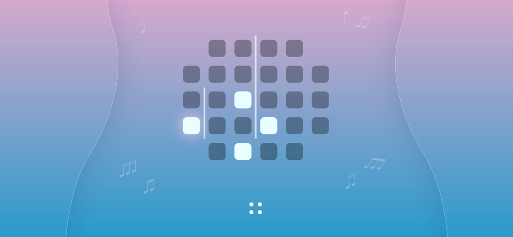 Harmony: Relaxing Music Puzzle - Minimalist music puzzle grid with glowing squares and musical notes on a gradient background