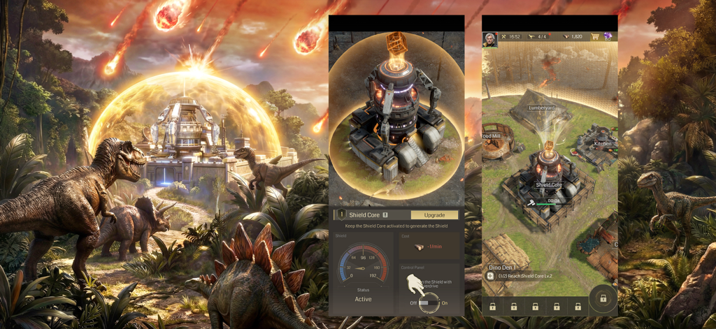 流星からハイテク基地と恐竜が金色のエネルギーシールドで保護されている