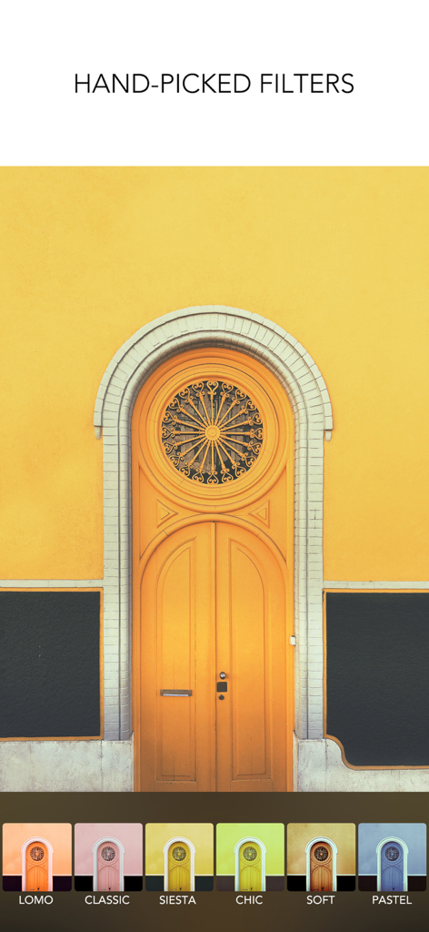 PICSPLAY Classic app interface showing hand-picked photo filters applied to a yellow building and orange door.
