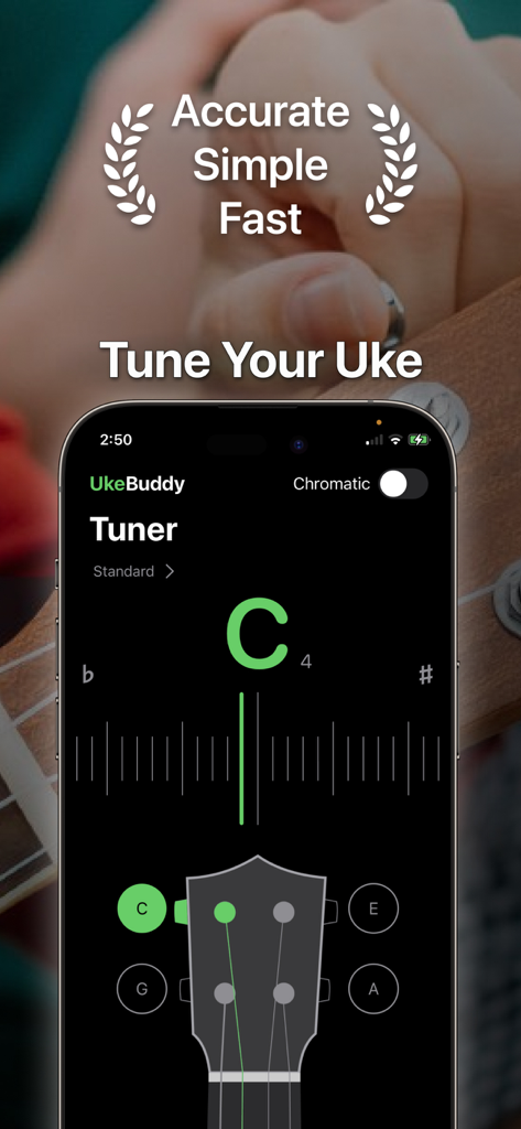 Uke Tuner: Song Chord Ukulele - A smartphone screen showing the accurate and simple interface of a ukulele tuner app.