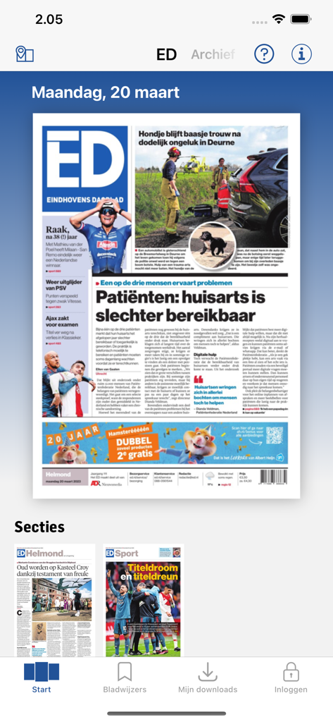 ED - Digitale krant - Digital replica of the Eindhovens Dagblad newspaper on a mobile app interface showing the front page and regional sections.