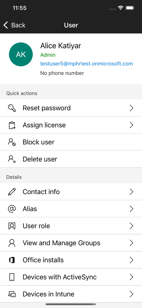 Microsoft 365 관리자 앱 사용자 프로필 화면, 암호 재설정 및 사용자 차단 옵션 포함