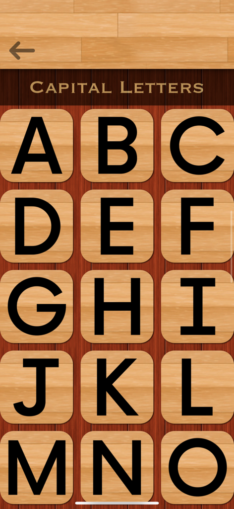 English 101 - Learn to Write - Pantalla de selección para practicar letras mayúsculas de la A a la O en fichas de madera en la aplicación English 101 Learn to Write