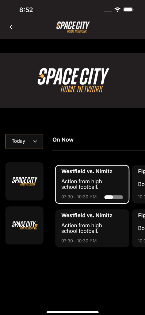 SCHN+ - Interfaz de la aplicación Space City Home Network mostrando un calendario de transmisiones en vivo de eventos deportivos de Houston.
