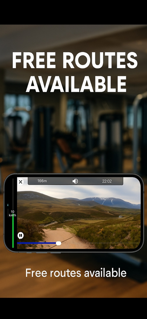 Smartphone displaying a scenic mountain trail for indoor treadmill workouts with text stating free routes available.