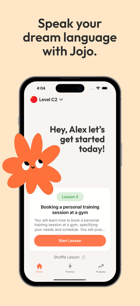Jojo AI: Language Tutor - Home screen of Jojo AI language tutor app showing a lesson for booking a gym session