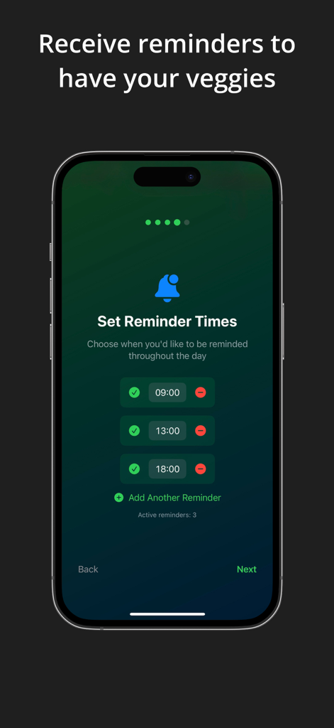 Fruits Tracker: Daily Counter - Interface of the Fruits Tracker app showing the screen to set daily reminder times for eating vegetables.
