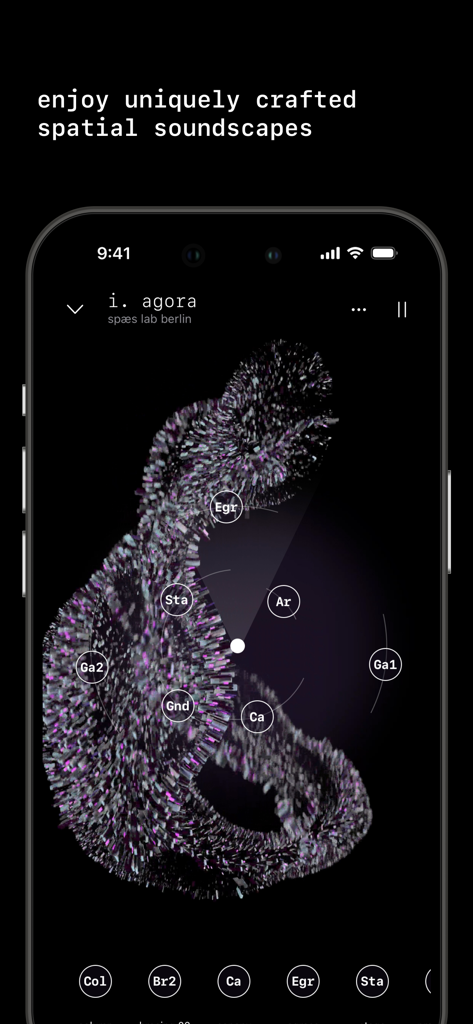Odio - Spatial Soundscapes - Interfaz de la aplicación Odio mostrando un paisaje sonoro espacial 3D con nodos de audio interactivos para concentración y relajación personalizadas.