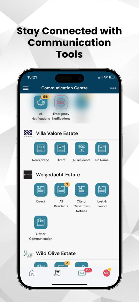 GLOCMS Community - GLOCMS Community app communication centre screen showing notifications and management tools for different estates