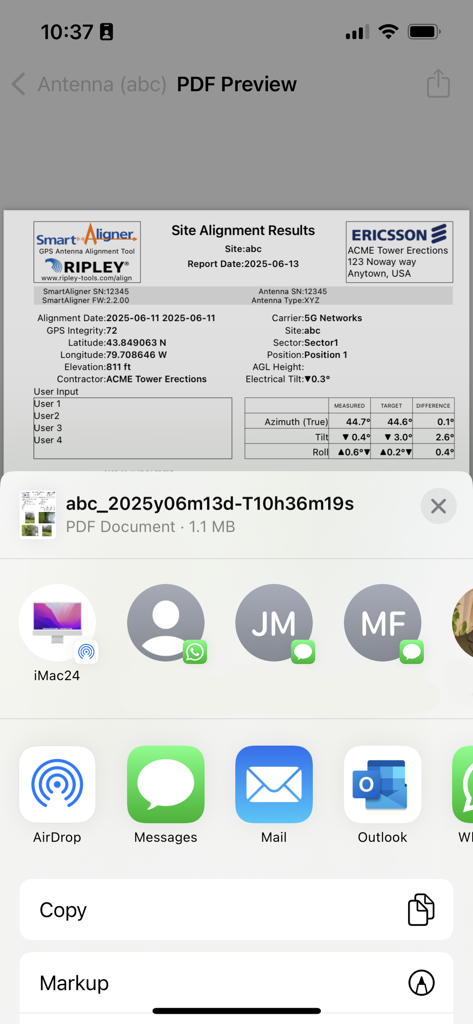 Smart Aligner app showing a PDF preview of site alignment results with mobile sharing options