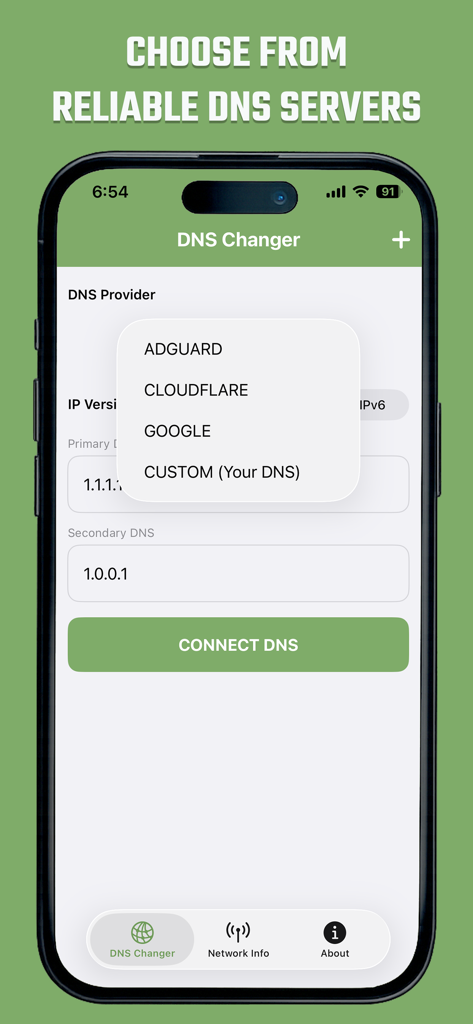 Custom DNS Changer IPV4 & IPV6 - Interface of Custom DNS Changer app showing a list of DNS providers including Cloudflare and Google.