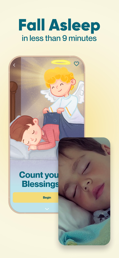 Theo: Prayer & Meditation - Un niño durmiendo con una ilustración de un ángel y una promesa de 9 minutos para dormir de la aplicación Theo