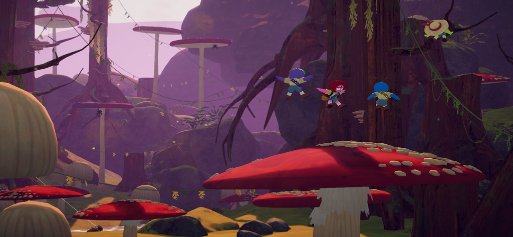 PEAK! - Exploradores de naturaleza saltando entre hongos rojos gigantes en un bosque morado místico en el juego PEAK