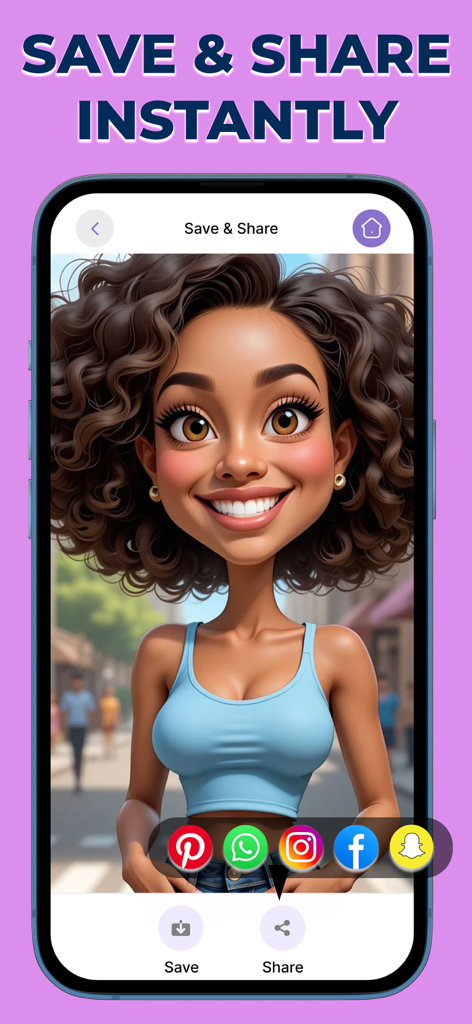 AI Anime Maker- Avatar Creator - KI Anime Maker App-Bildschirm, der einen generierten Karikatur-Avatar mit Optionen zum Speichern und Teilen auf Social-Media-Plattformen zeigt