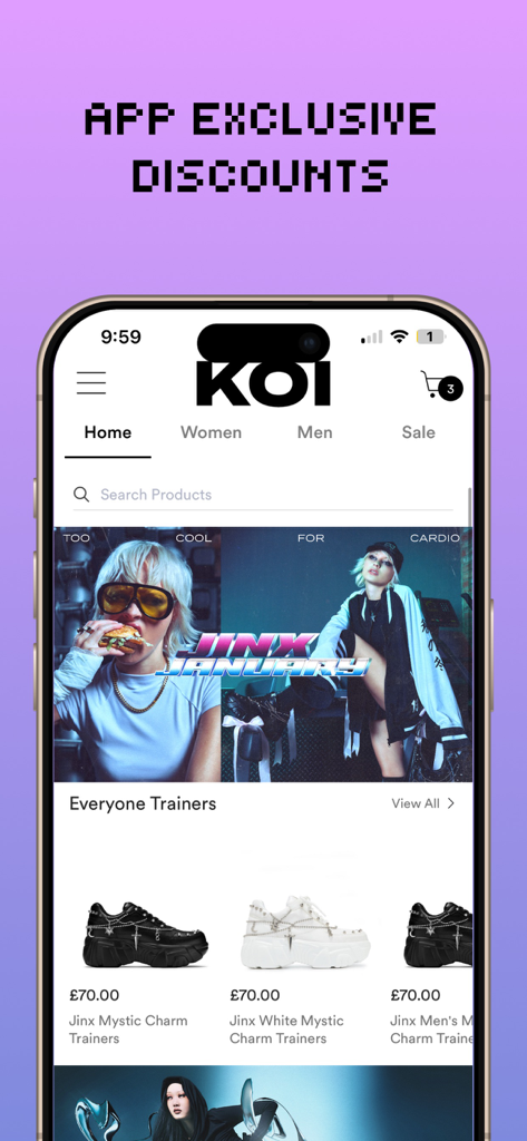 KOI Footwear. - Interfaccia dell'app KOI Footwear con sconti esclusivi e collezioni di sneakers alternative.