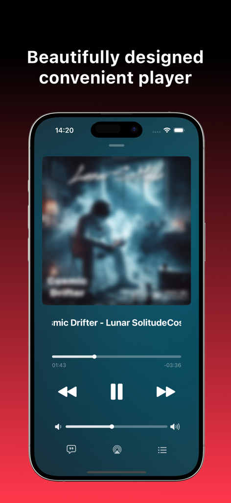 Music App: offline player - Pantalla de iPhone mostrando la elegante interfaz del reproductor de música con controles de reproducción y arte del álbum