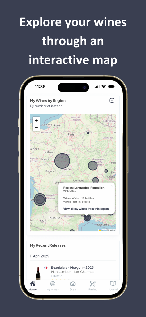 Viniou – Wine Cellar Manager - Interactive map in the Viniou app showing wine distribution by geographic region