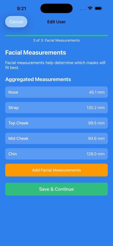 MasqFit - MasqFit 앱 화면, 개인 맞춤형 마스크 착용을 위해 밀리미터 단위의 코 스트랩, 뺨, 턱에 대한 자세한 안면 측정치 표시