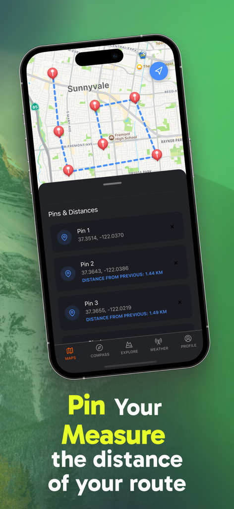 GPS map interface showing pins and calculated route distances in the My Altimeter app