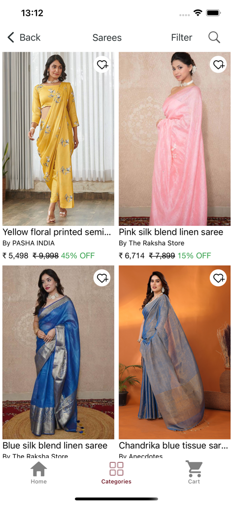 Mirraw Sarees - Mirraw Sarees app screen showing a collection of yellow pink and blue indian sarees with prices