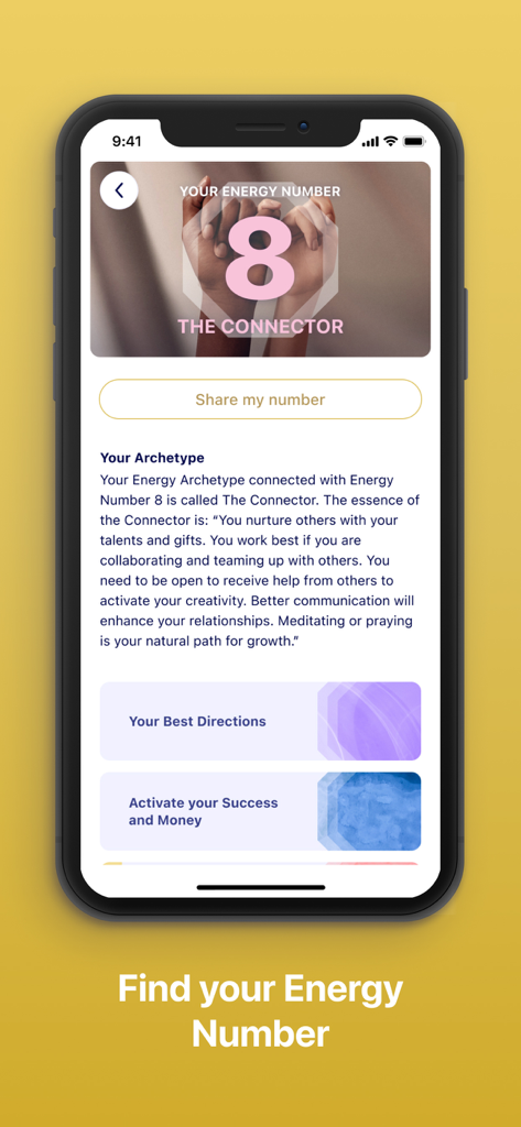 Ein mobiler Bildschirm der Marie Diamond App, der die Energiezahl 8 und das Profil des Connector-Archetyps mit personalisierten Erfolgrichtungen zeigt.
