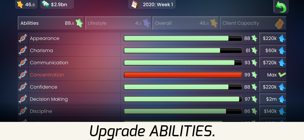 Superstar Football Agent - A menu screen in Superstar Football Agent showing various agent abilities like charisma and communication with progress bars and upgrade costs.