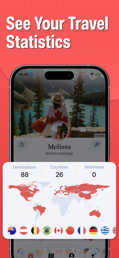 Pin Traveler app screenshot showing travel statistics and a world map with visited countries highlighted in red