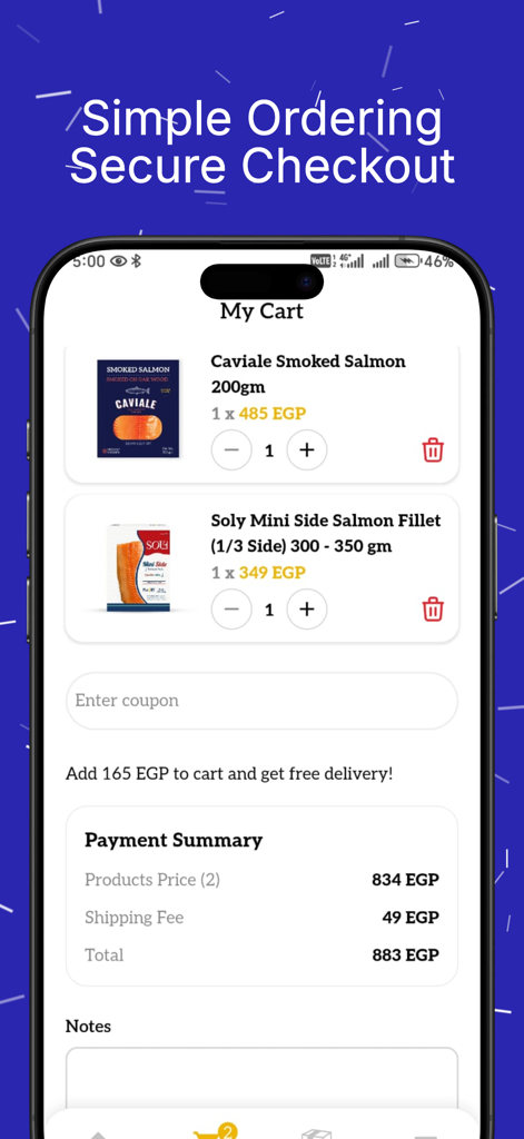 Maxim Seafood - Maxim Seafood app cart screen showing selected items and a payment summary for secure checkout