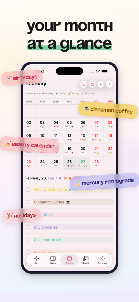 Calendar & Daily Planner - Eva - Monatliche Kalenderansicht der Eva-App mit Lifestyle-Ereignissen wie Geburtstagen, Beauty-Terminen und Merkur-Rückläufigkeit