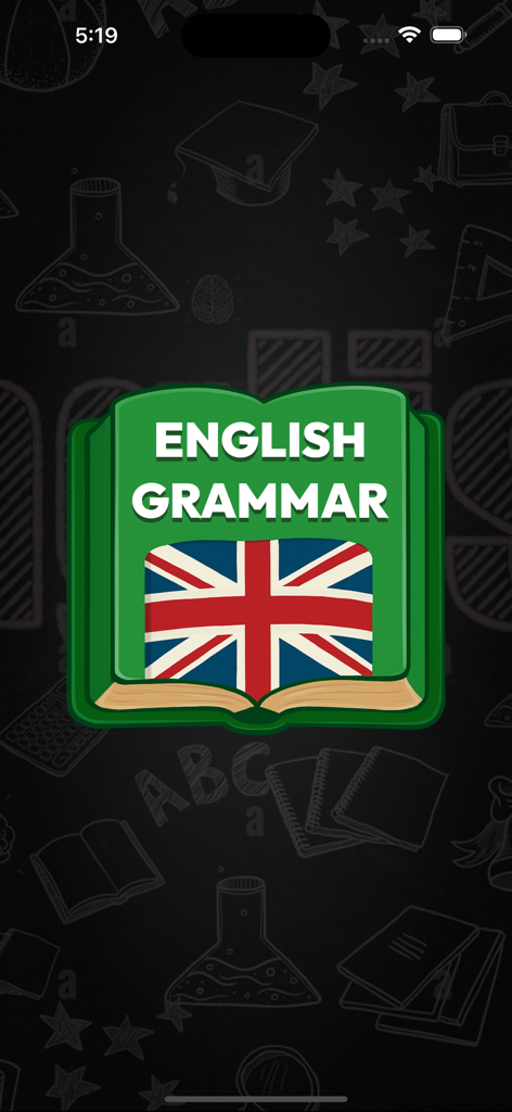English Grammar Book - English Grammar Book app splash screen featuring a green book icon with a UK flag on a dark background with educational sketches